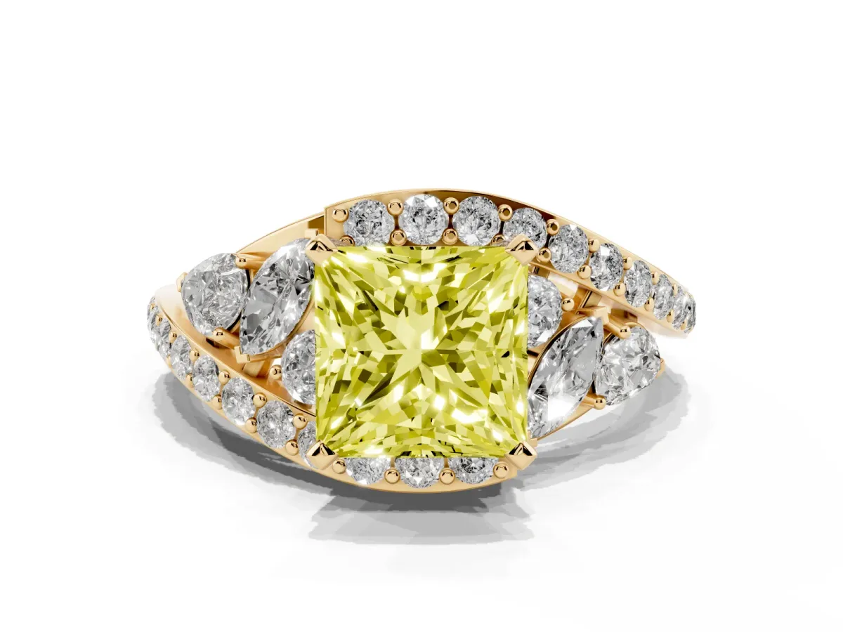 Fancy Yellow Princess Cut Diamond Halo Ring with Marquise and Pavé Band in Prong Setting Yellow gold