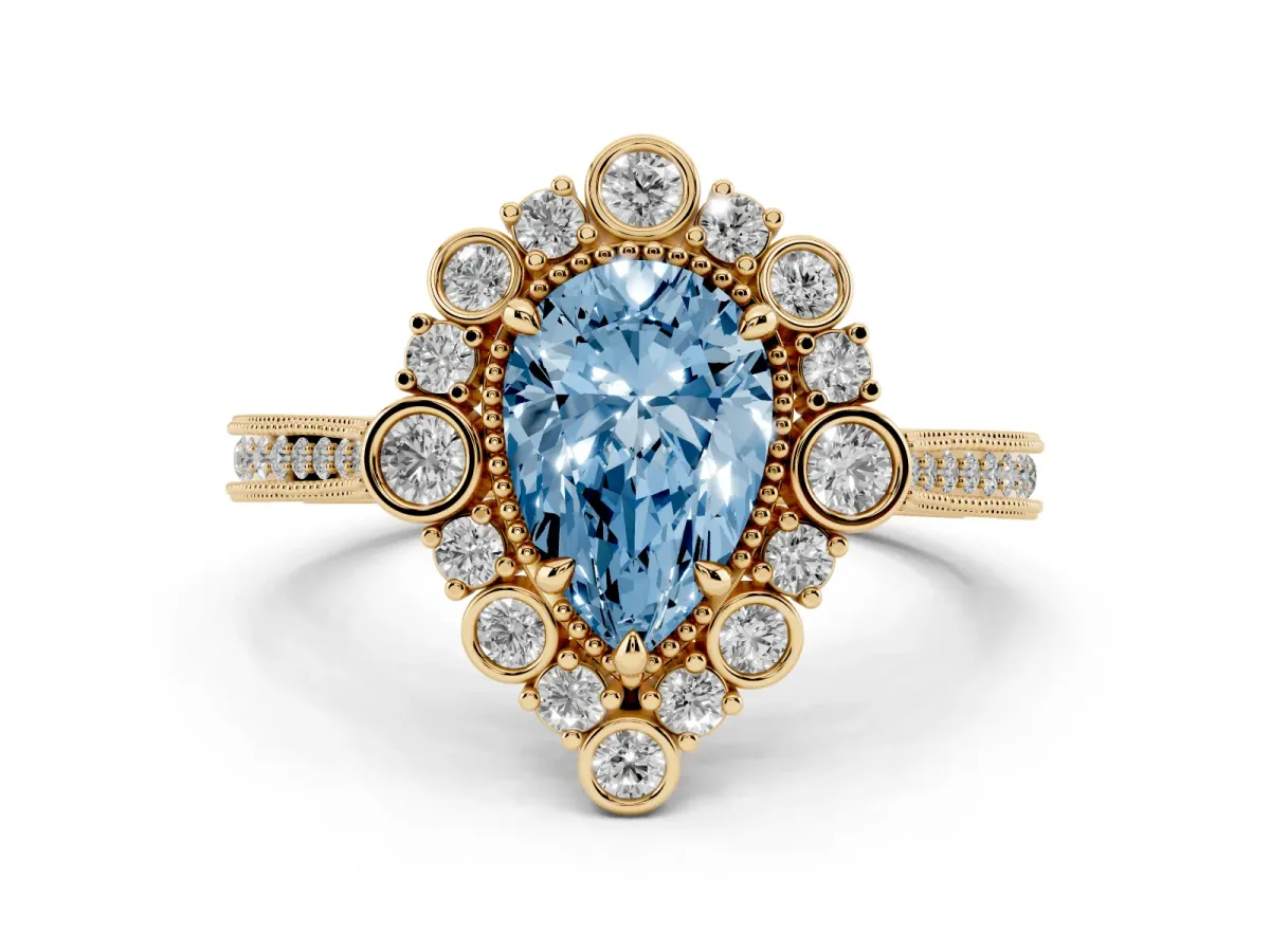 Fancy Blue Pear Cut Halo Milgrain Pave Diamond Ring with Four-Prong Setting Yellow gold