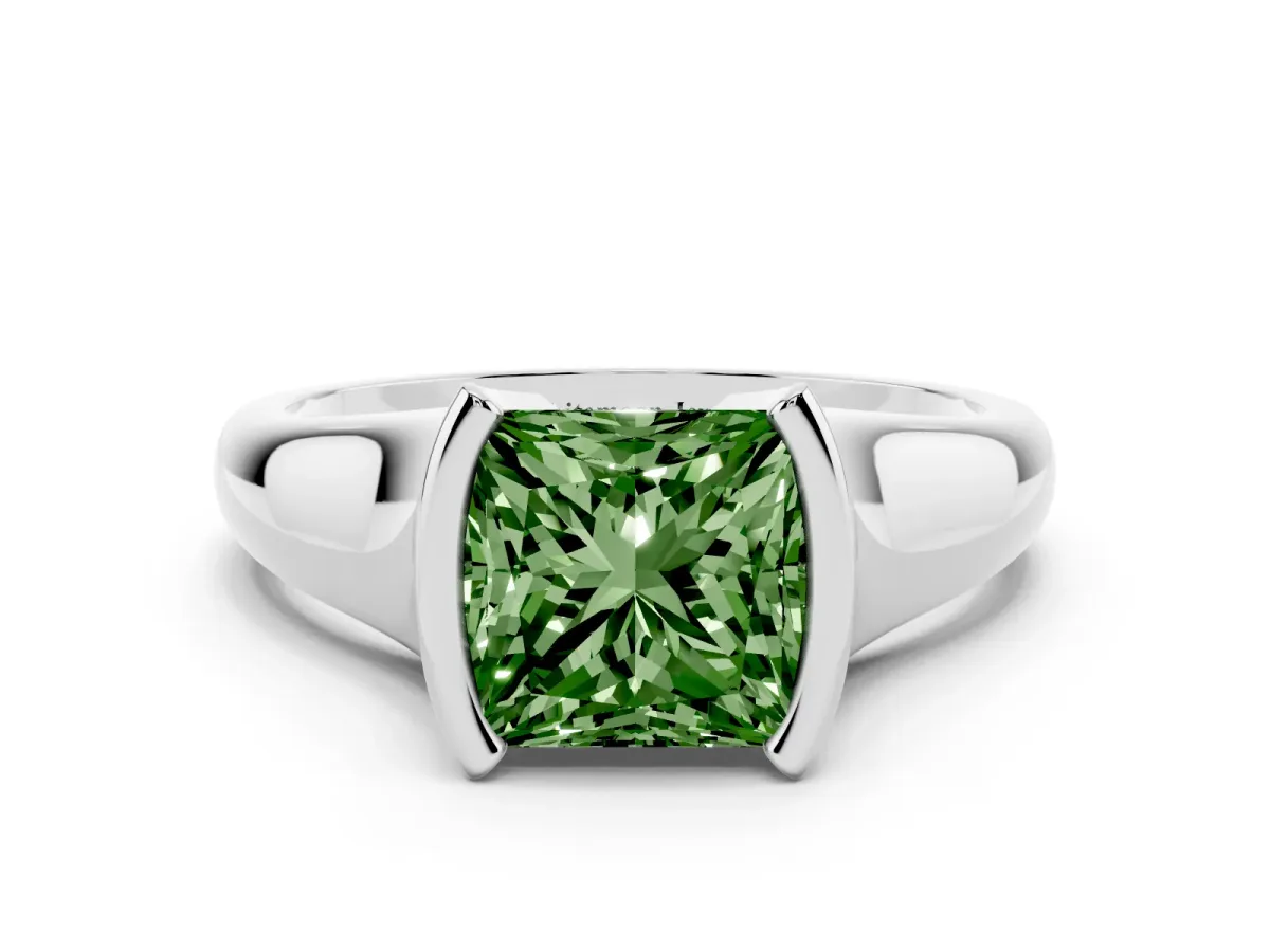Fancy Green Princess Cut Solitaire Tension Set Diamond Ring with Split Shank Band Silver
