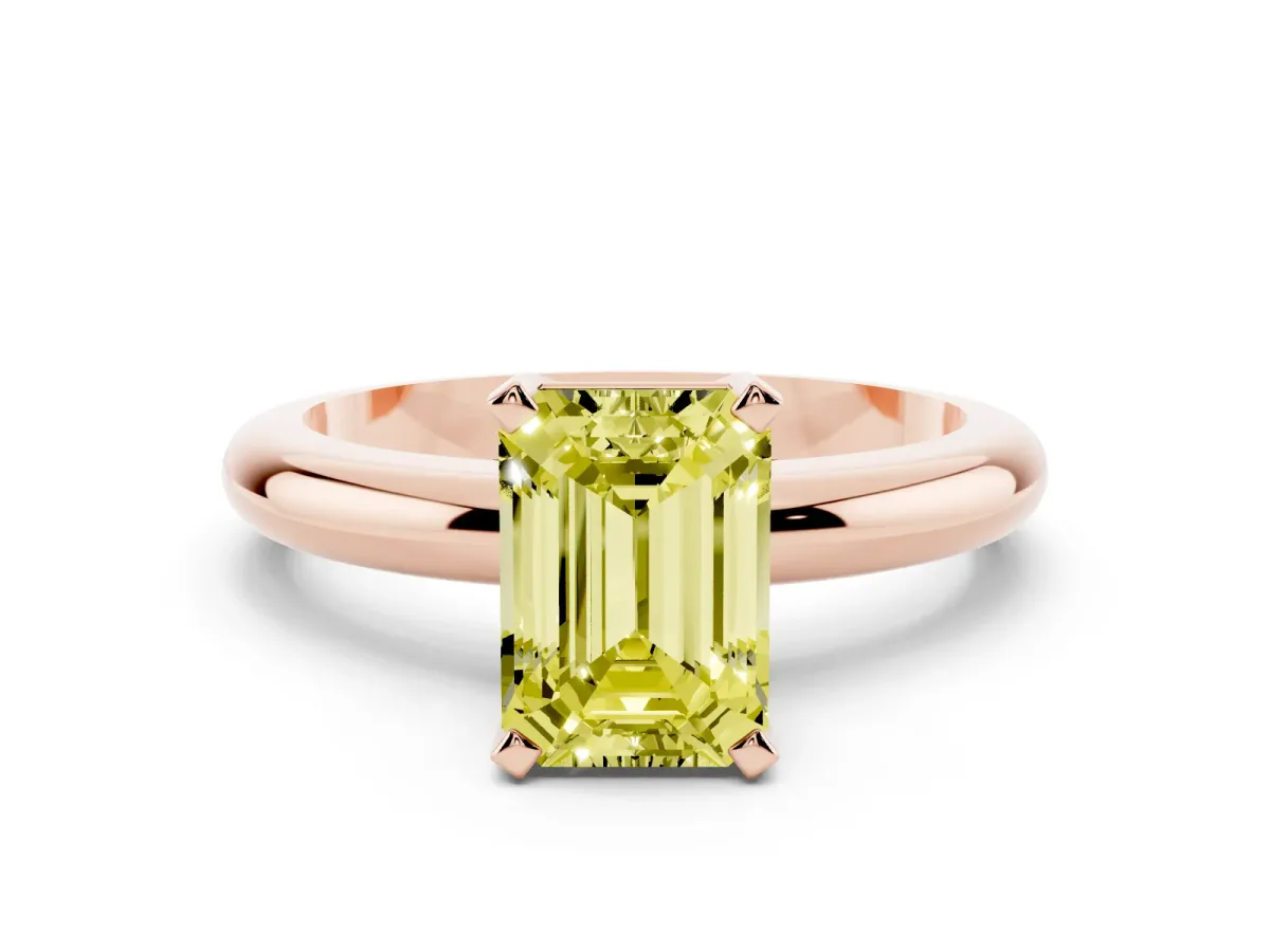 Fancy Yellow Emerald Cut Diamond Solitaire Engagement Ring with Round Band and Four-Prong Setting Rose gold