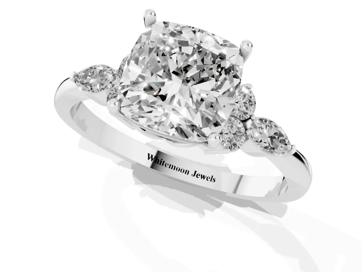 Cushion Cut Brilliant Diamond Solitaire Ring with Pear Side Stones and Four-Prong Setting Silver