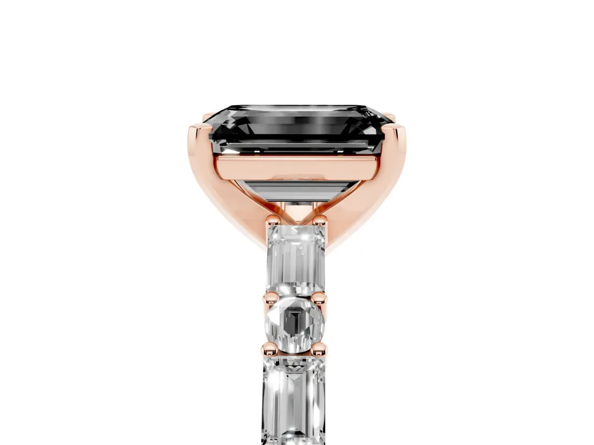 Fancy Black Emerald Cut Diamond Solitaire with Side Baguettes and Channel Set Band Rose gold