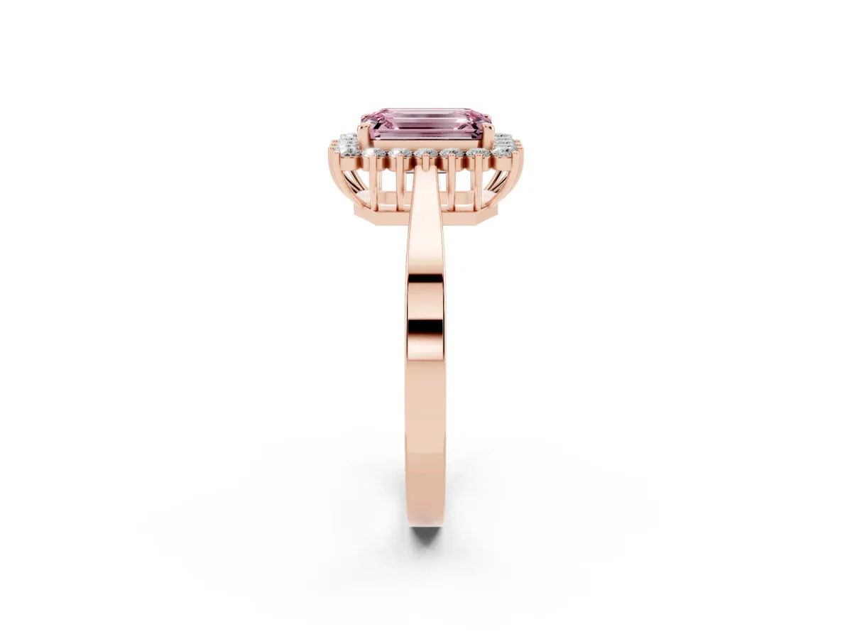 Fancy Pink Emerald Cut Cut Diamond Halo Ring with Round Brilliant Halo and Solitaire Band Rose gold