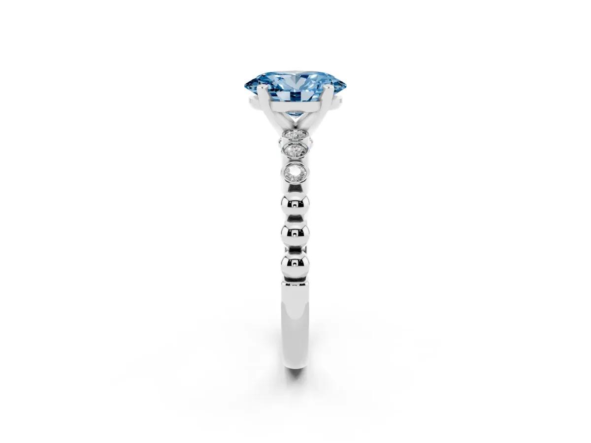 Fancy Blue Oval Cut Solitaire Bezel Accent Diamond Engagement Ring with Beaded Band and Four-Prong Setting White gold
