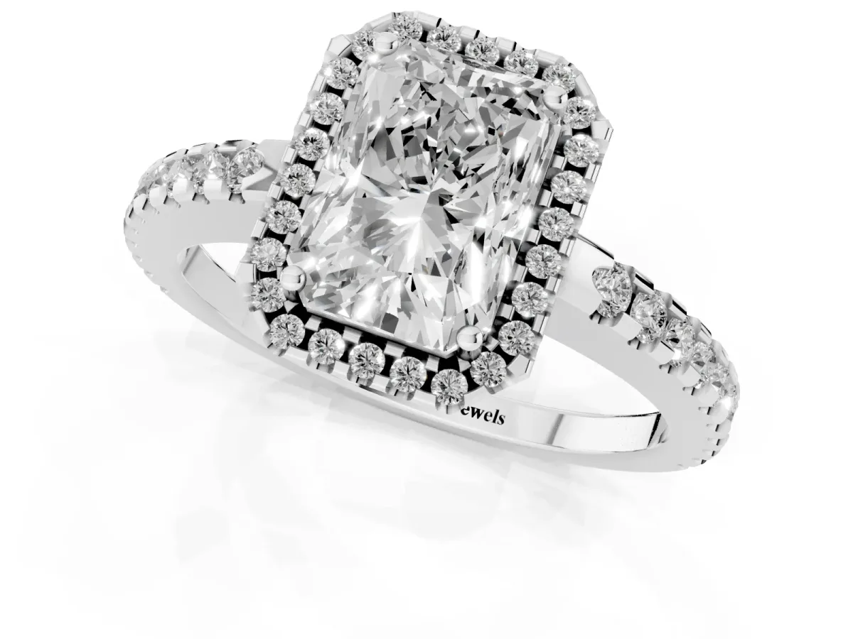 Radiant Cut Diamond Halo Engagement Ring with Pavé Band and Prong Setting Silver