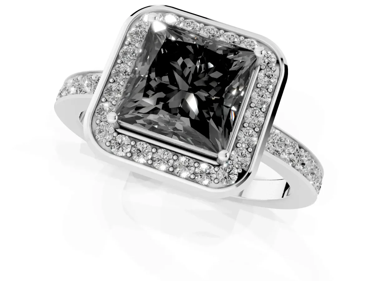Fancy Black Princess Cut Diamond Halo Ring with Bezel Frame and Pavé Band Silver