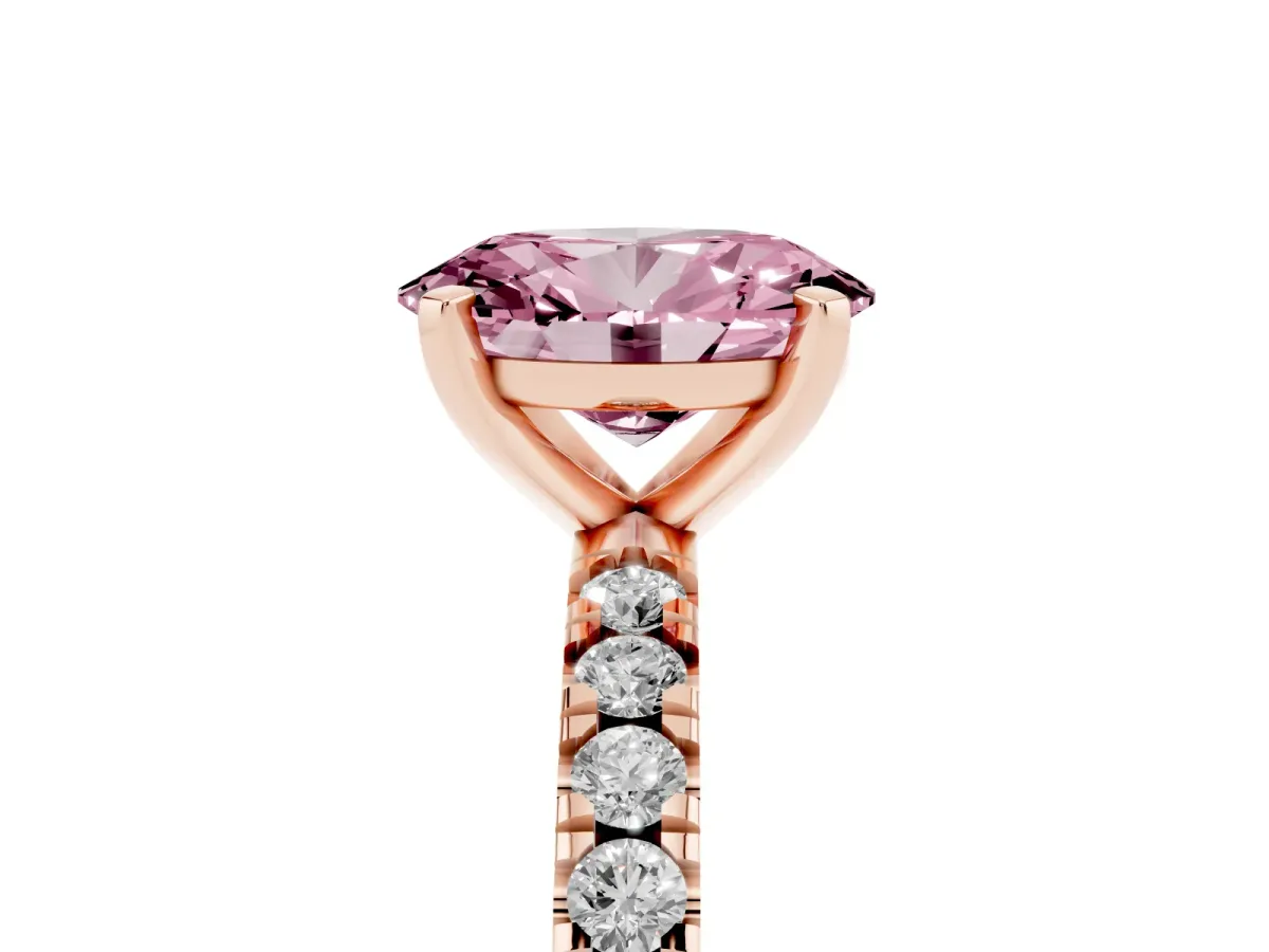 Fancy Pink Oval Cut Diamond Pavé Band Solitaire with Four-Prong Setting Rose gold