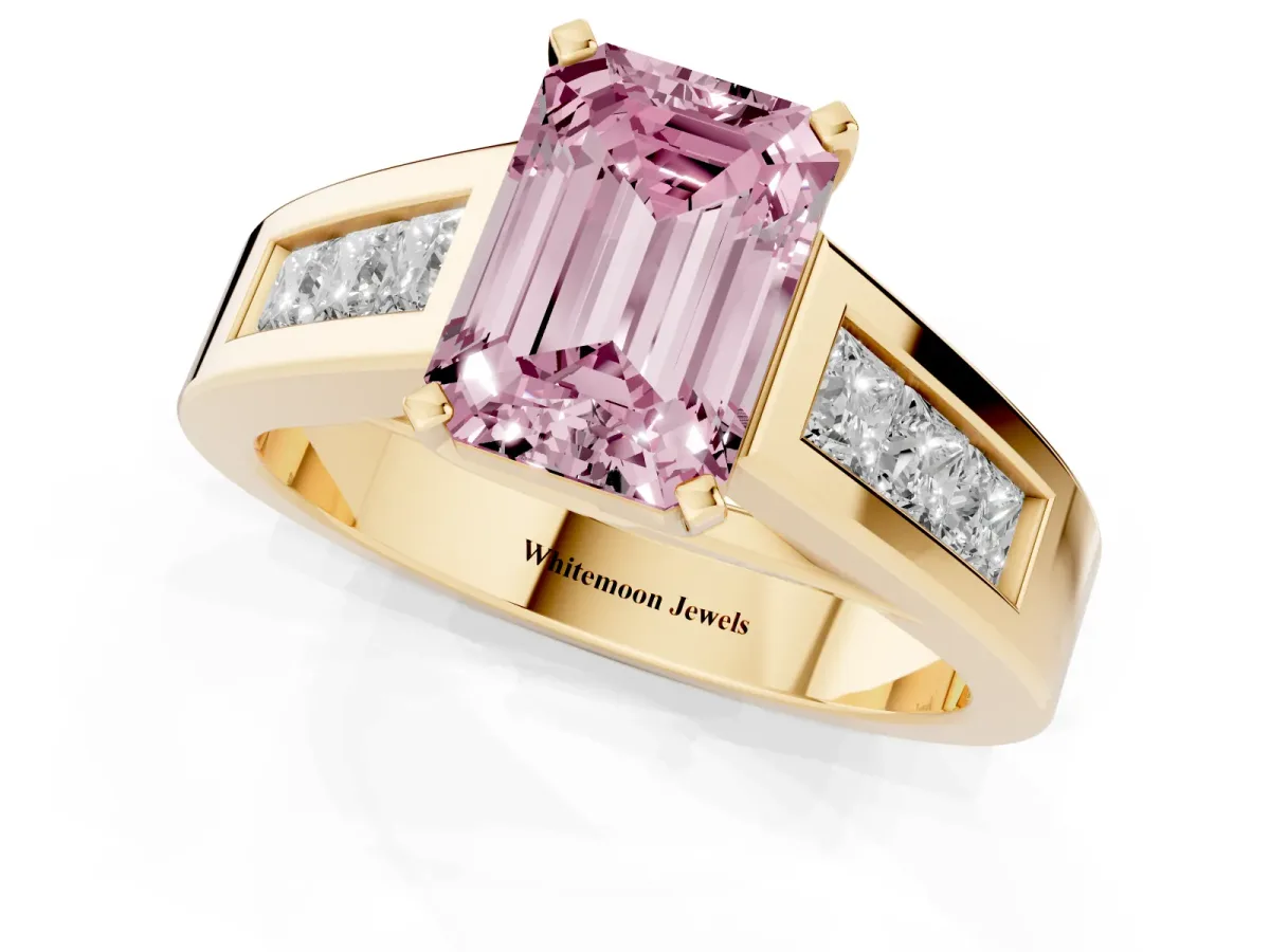 Fancy Pink Emerald Cut Cut Channel Set Solitaire Ring with Four-Prong Setting Yellow gold