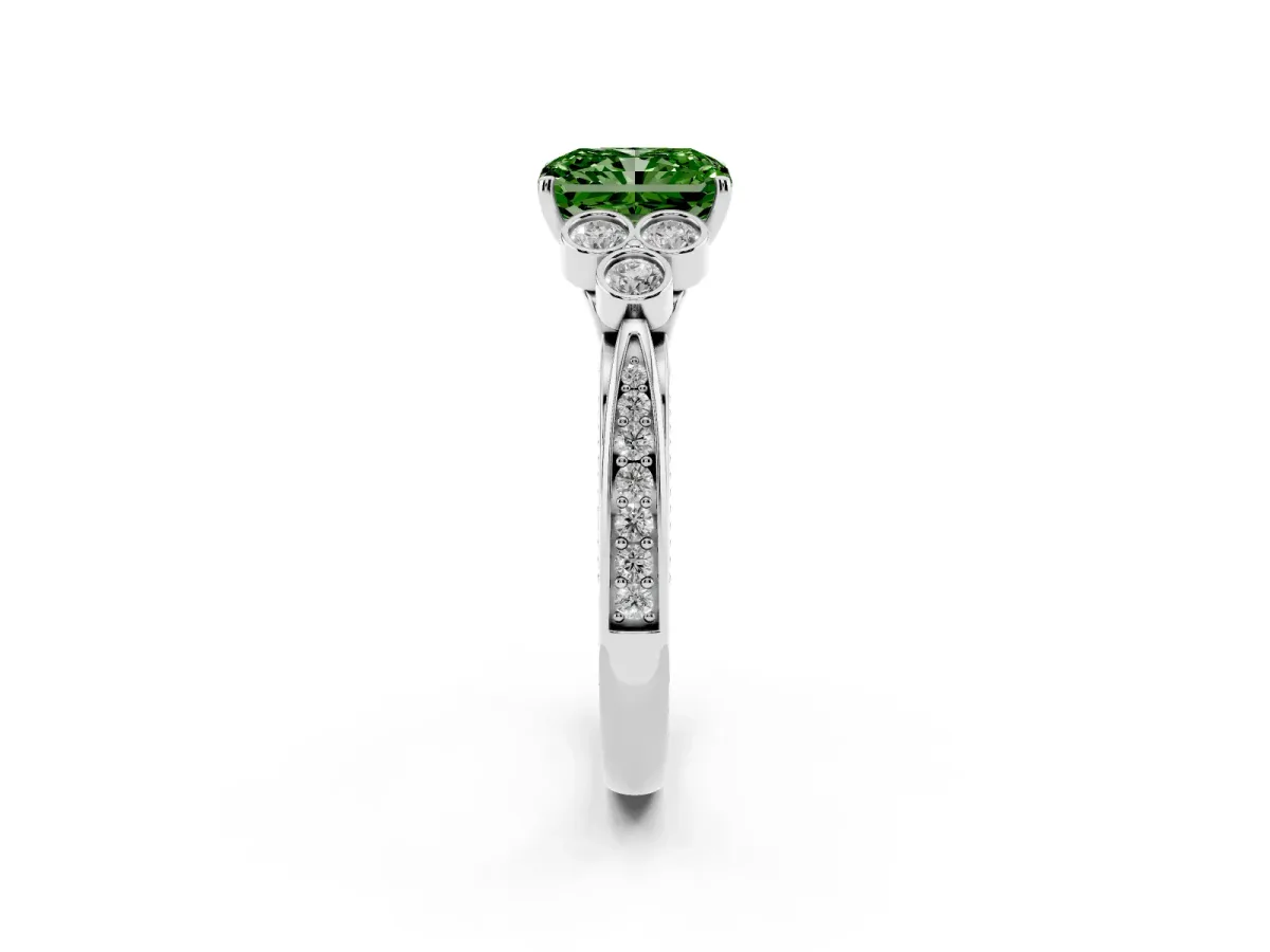 Fancy Green Radiant Cut Cut Diamond Engagement Ring with Bezel Set Round Side Stones and Prong Setting Silver