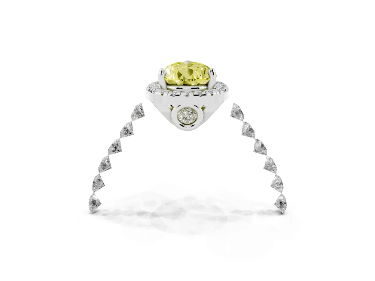 Fancy Yellow Pear Cut Halo Pavé Diamond Engagement Ring with Four-Prong Setting Silver