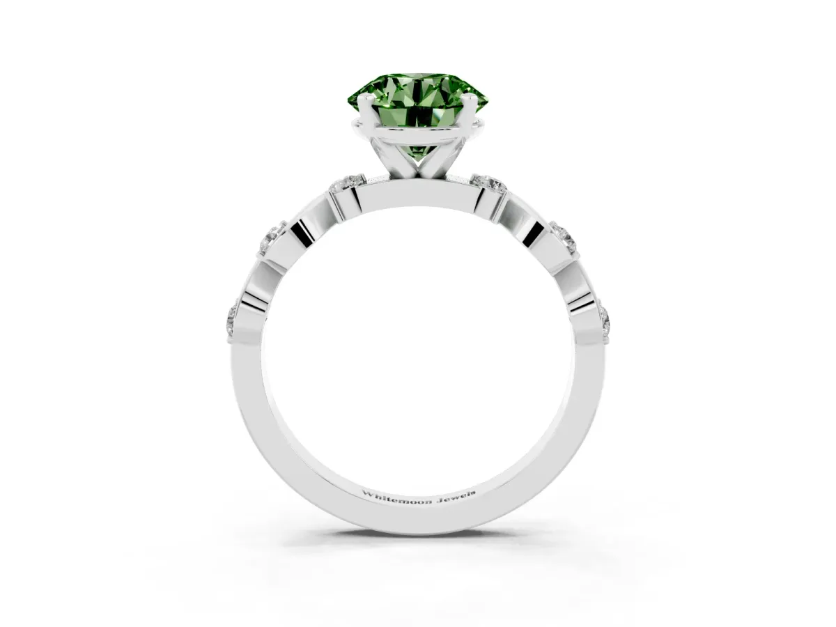 Fancy Green Round Cut Diamond Solitaire Twisted Band with Round Accents and Prong Setting Silver