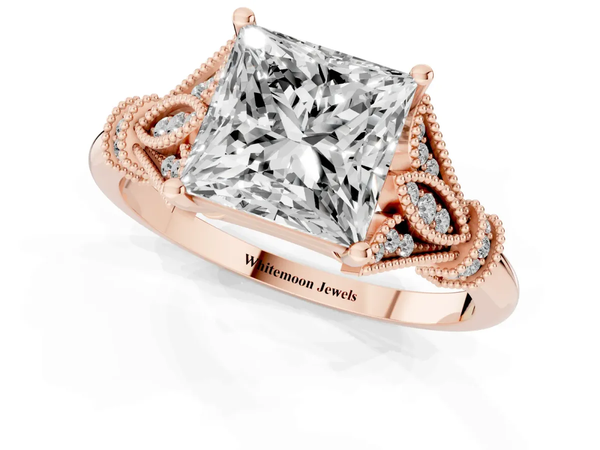 Princess Cut Diamond Solitaire Ring with Floral Filigree and Pave Accents Rose gold