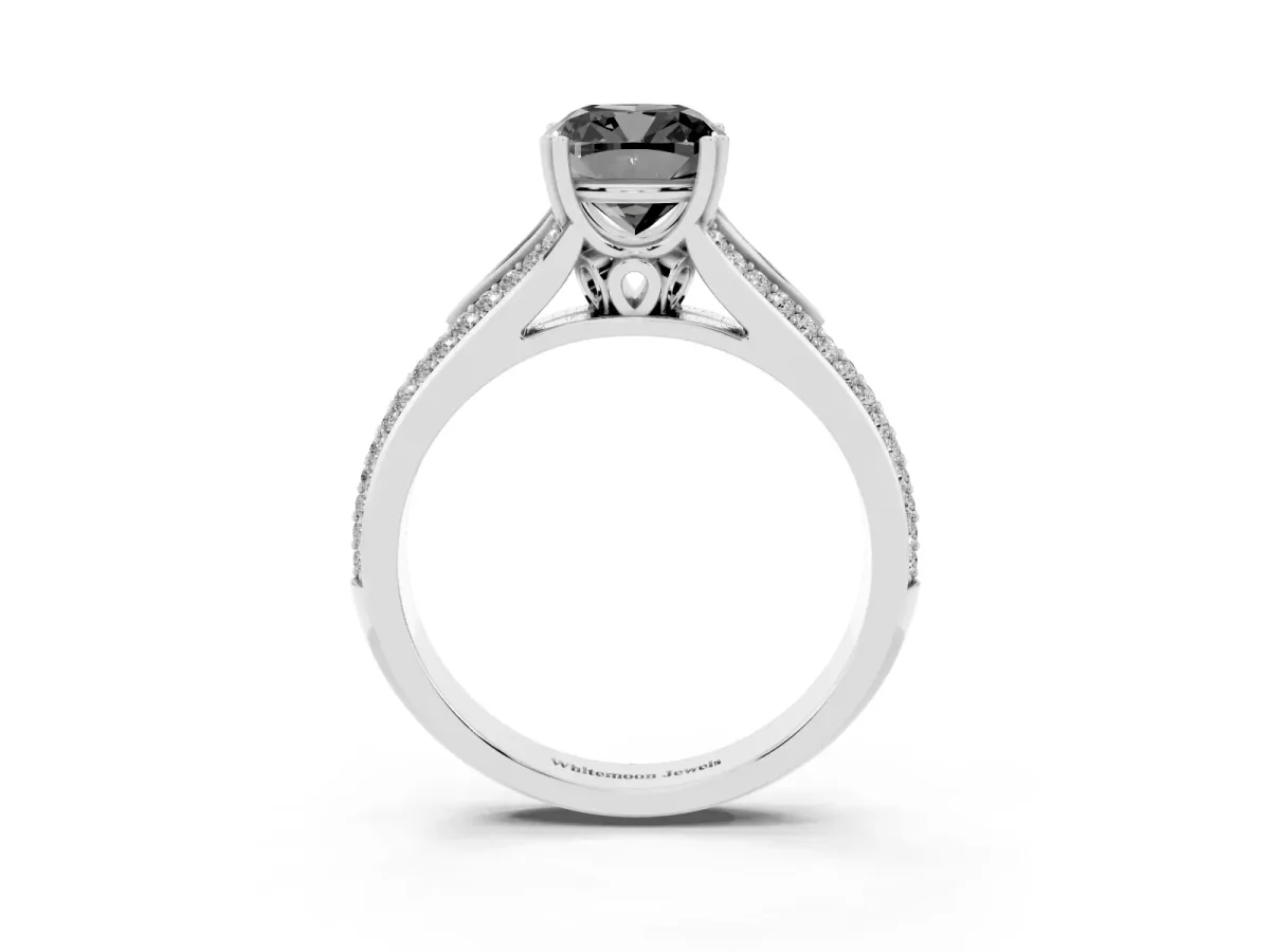 Fancy Black Cushion Cut Diamond Split Shank Engagement Ring with Pavé Band Silver