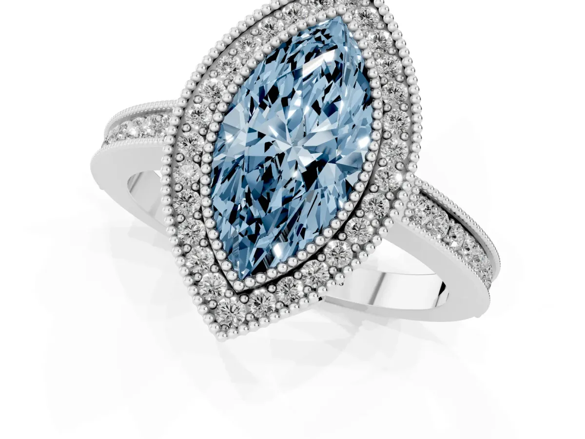 Fancy Blue Marquise Cut Cut Halo Diamond Ring with Pavé Band and Milgrain Prong Setting Platinum