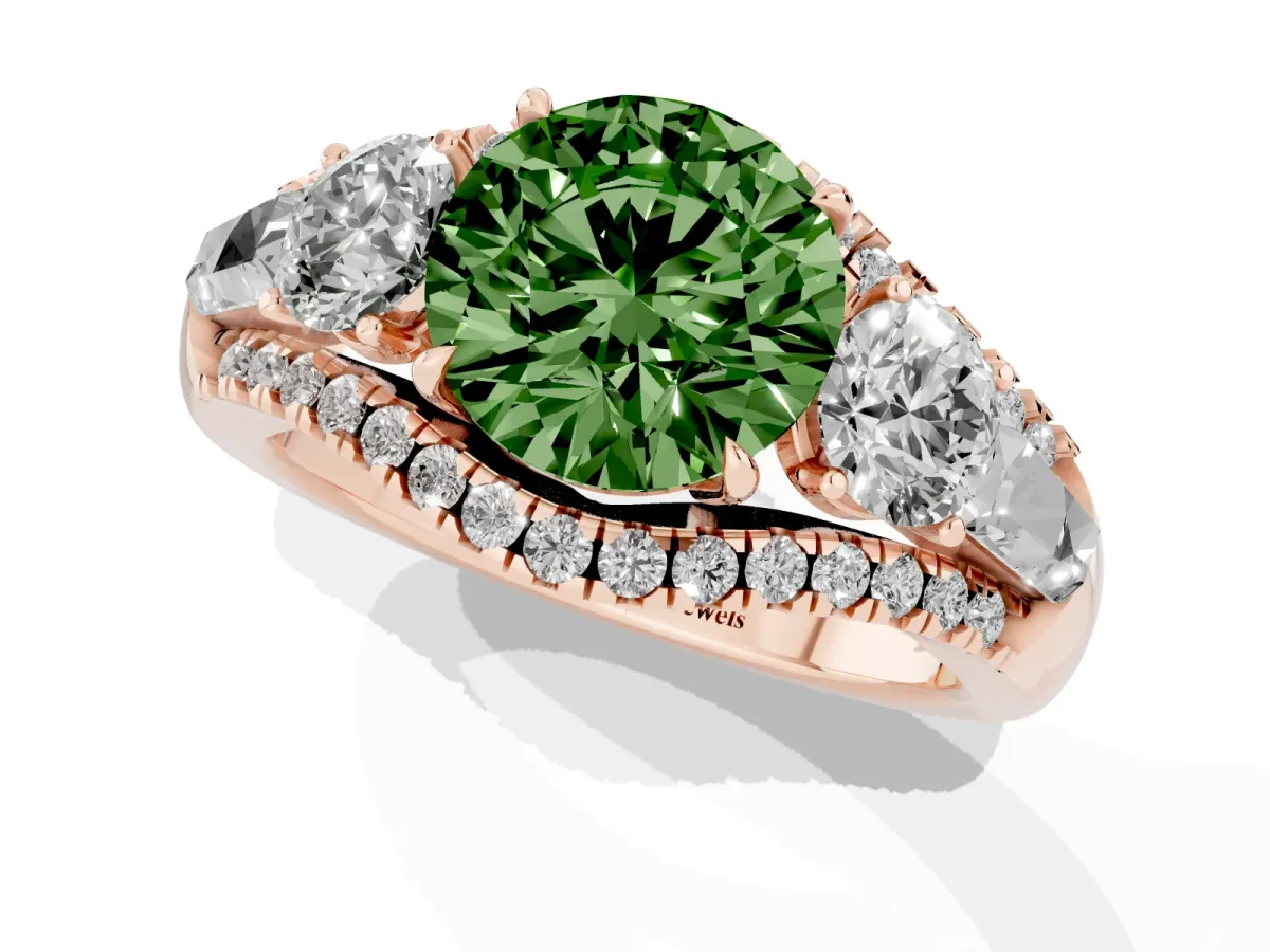Fancy Green Three-Stone Round Cut Diamond Engagement Ring with Pave Band and Prong Setting Rose gold