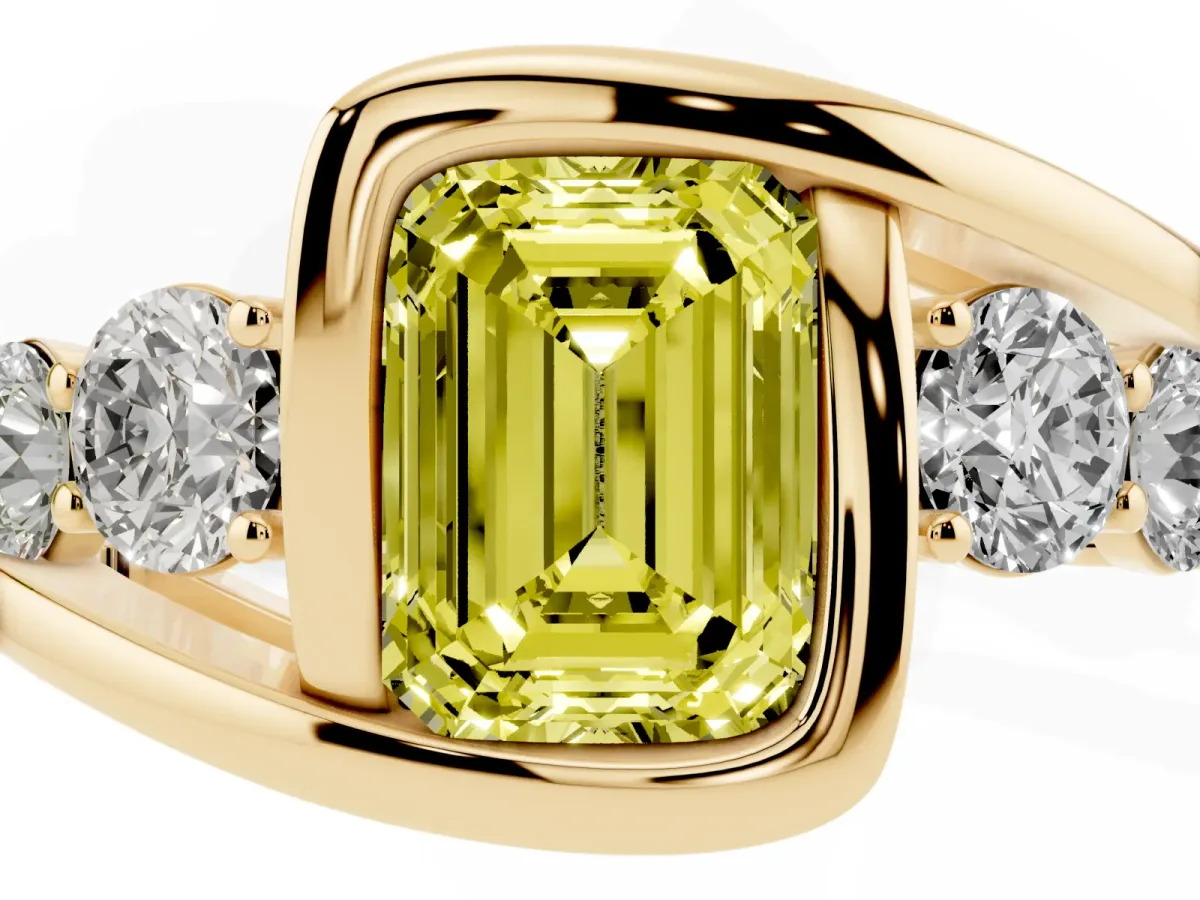 Fancy Yellow Bezel Set Emerald Cut Diamond Bypass Ring with Round Accents Yellow gold