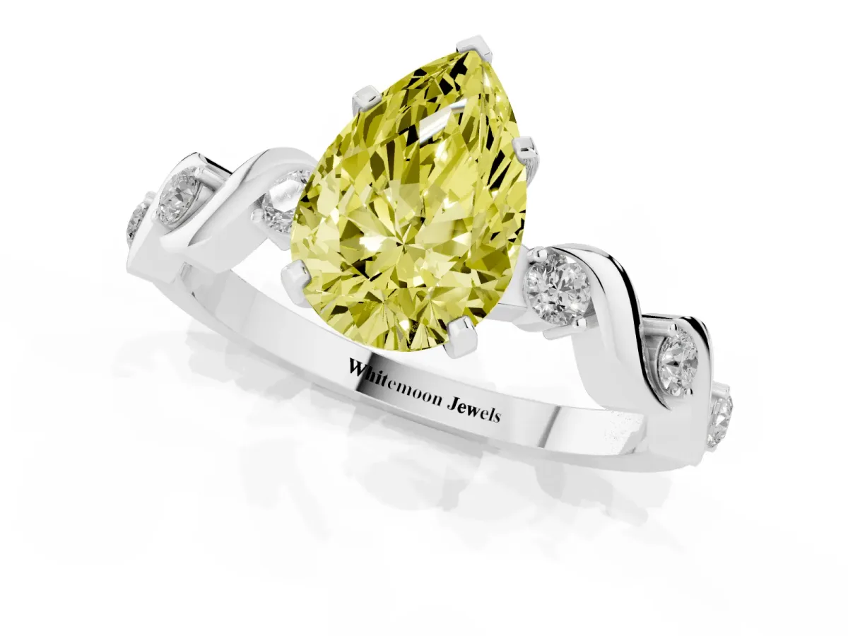 Fancy Yellow Pear Cut Diamond Solitaire Twisted Band with Round Accents and Prong Setting Silver