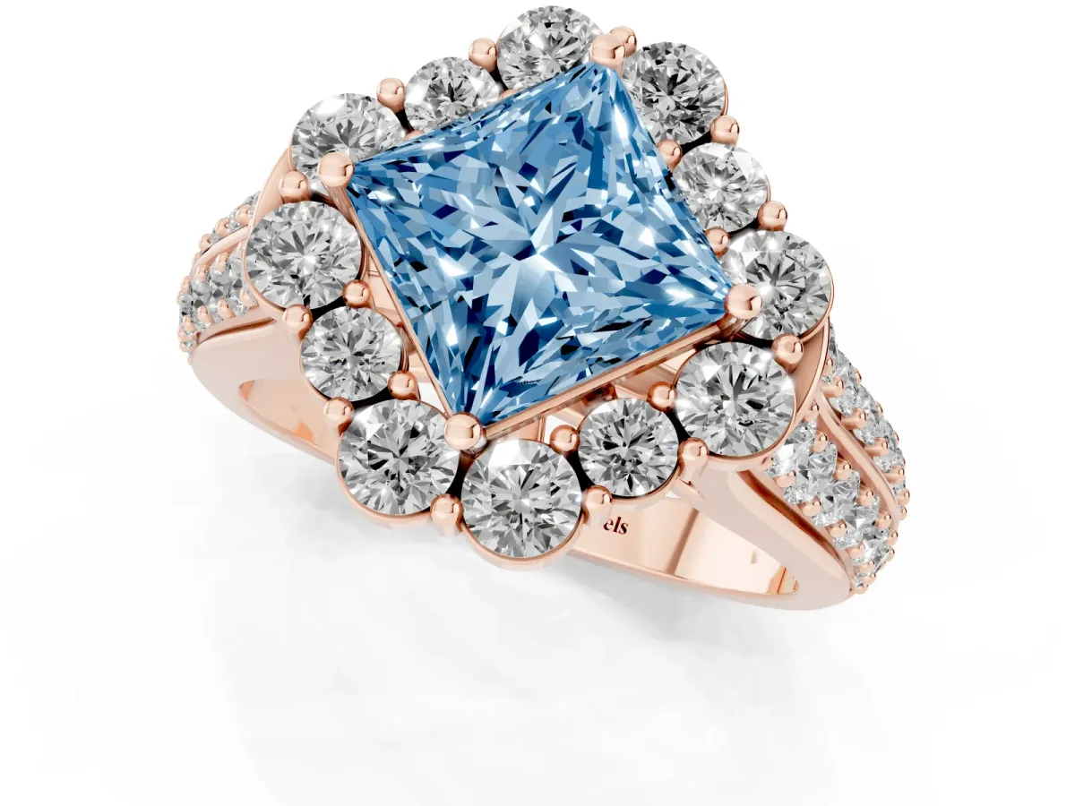 Fancy Blue Princess Cut Halo Diamond Engagement Ring with Split Shank and Prong Setting Rose gold