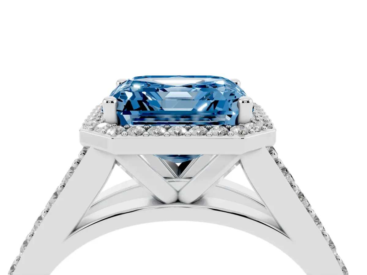 Fancy Blue Asscher Cut Diamond Split Shank Halo Ring with Four-Prong Setting Silver