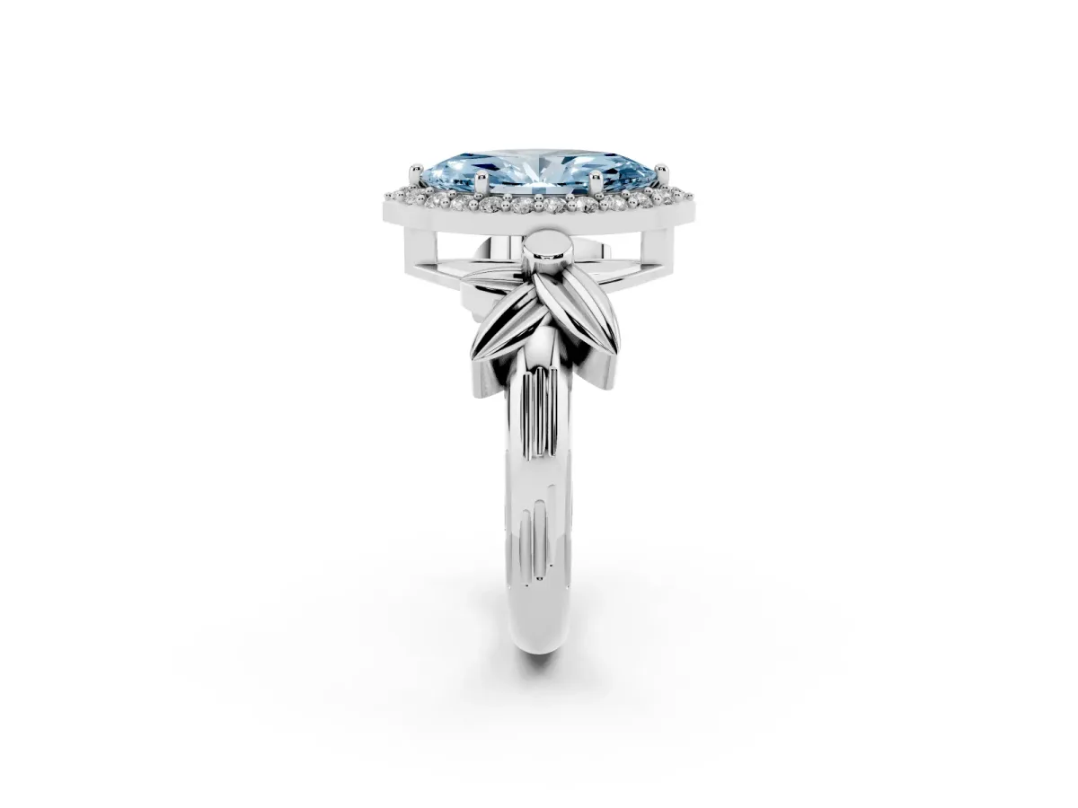 Fancy Blue Marquise Cut Halo Diamond Floral Band with Four-Prong Setting Silver
