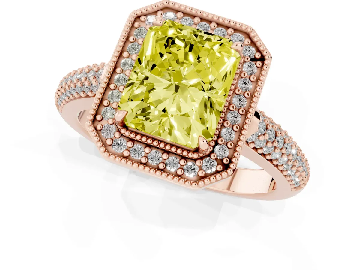Fancy Yellow Radiant Cut Cut Halo Diamond Pave Band with Four-Prong Setting Rose gold