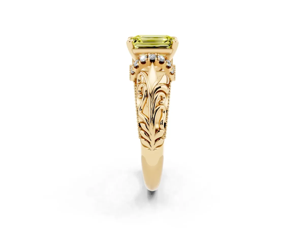 Fancy Yellow Emerald Cut Solitaire Filigree Engagement Ring with Halo and Prong Setting Yellow gold