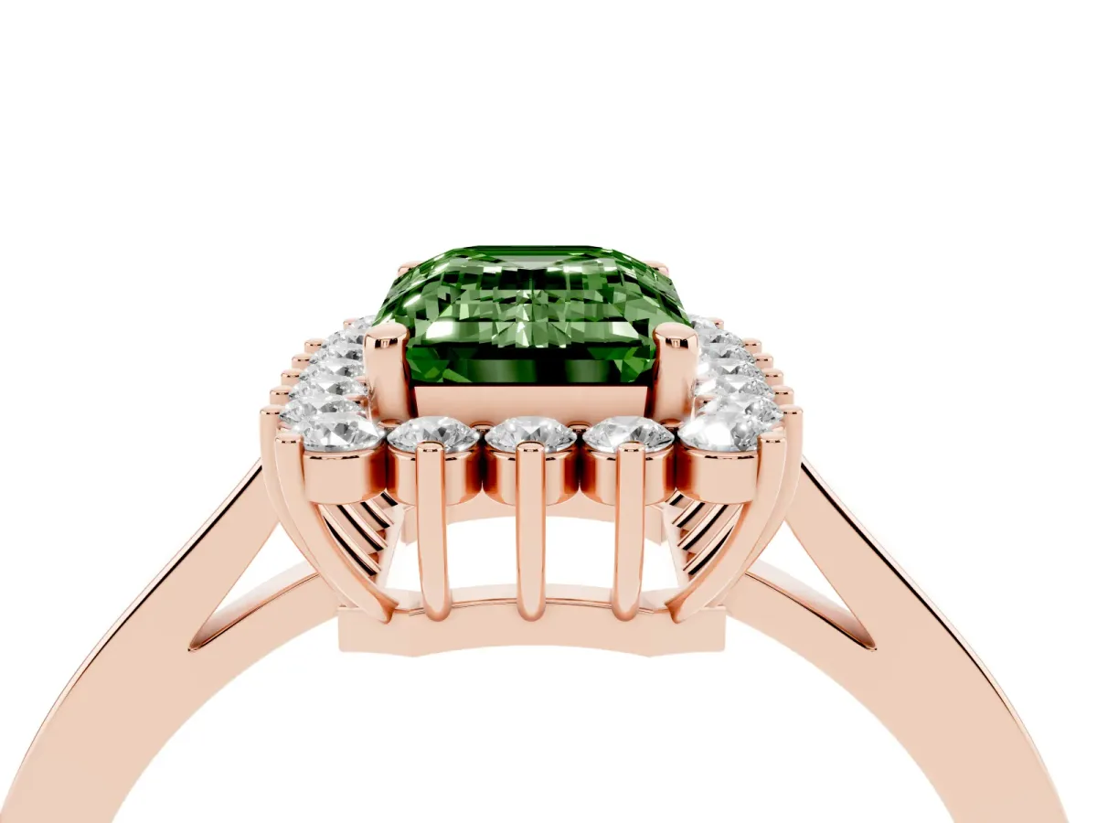 Fancy Green Emerald Cut Cut Diamond Halo Ring with Round Brilliant Halo and Solitaire Band Rose gold