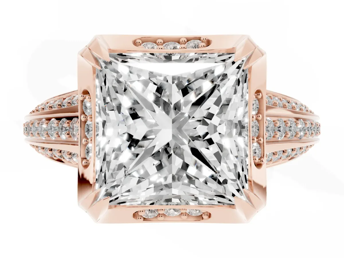 Princess Cut Solitaire Pave Split Shank Ring with Four-Prong Setting Rose gold