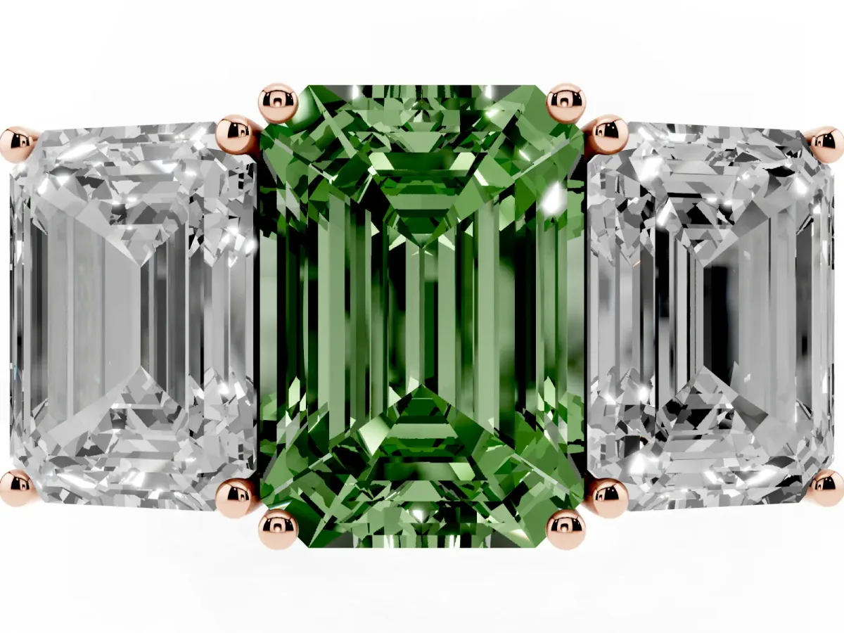 Fancy Green Emerald Cut Diamond Three-Stone Ring with Prong Setting and Textured Band Rose gold