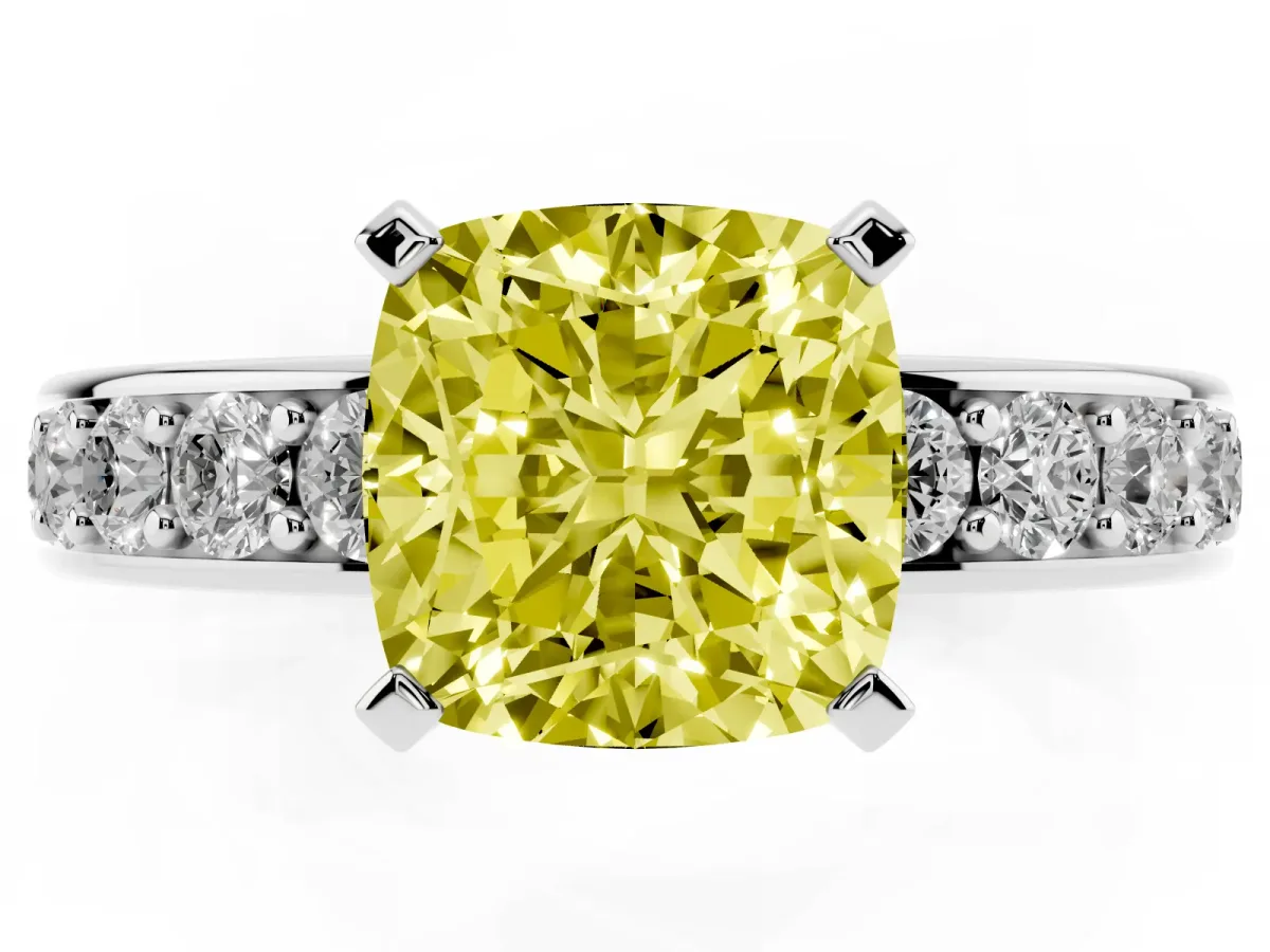 Fancy Yellow Cushion Cut Diamond Engagement Ring with Channel Set Round Band and Prong Setting Silver