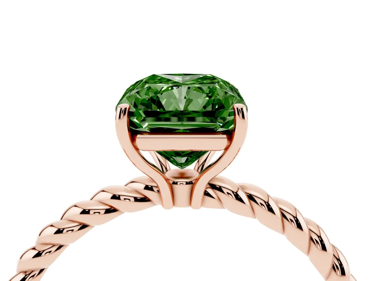 Fancy Green Radiant Cut Solitaire Twist Band Ring with Four-Prong Setting Rose gold