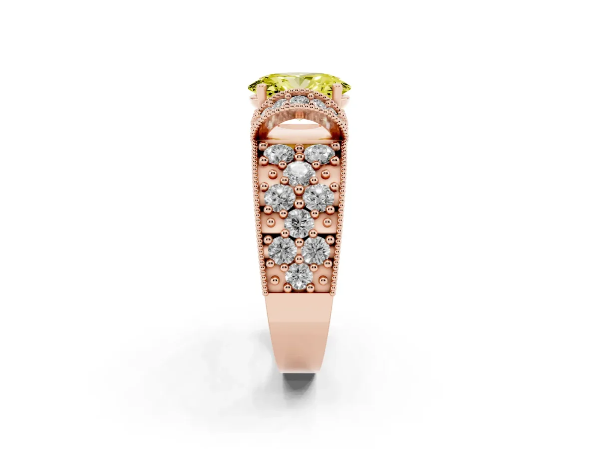 Fancy Yellow Oval Cut Halo Pave Diamond Engagement Ring with Milgrain Detailing Rose gold