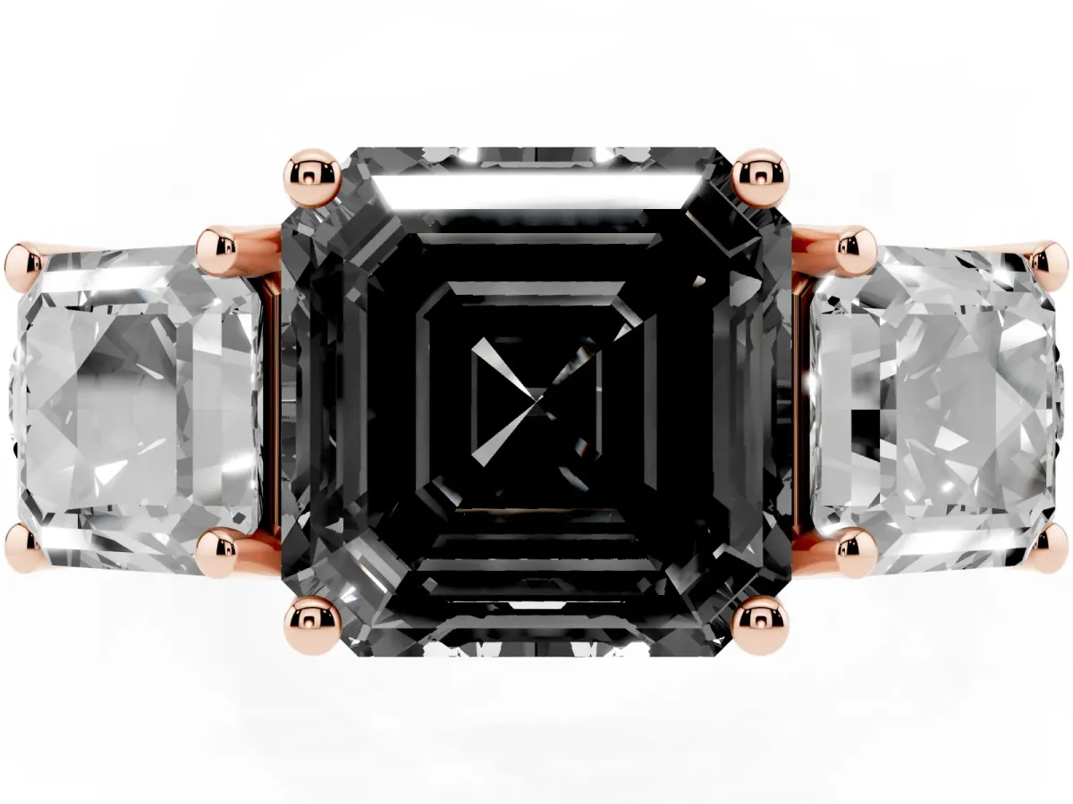 Fancy Black Three-Stone Asscher Cut Diamond Pavé Band with Prong Setting Rose gold