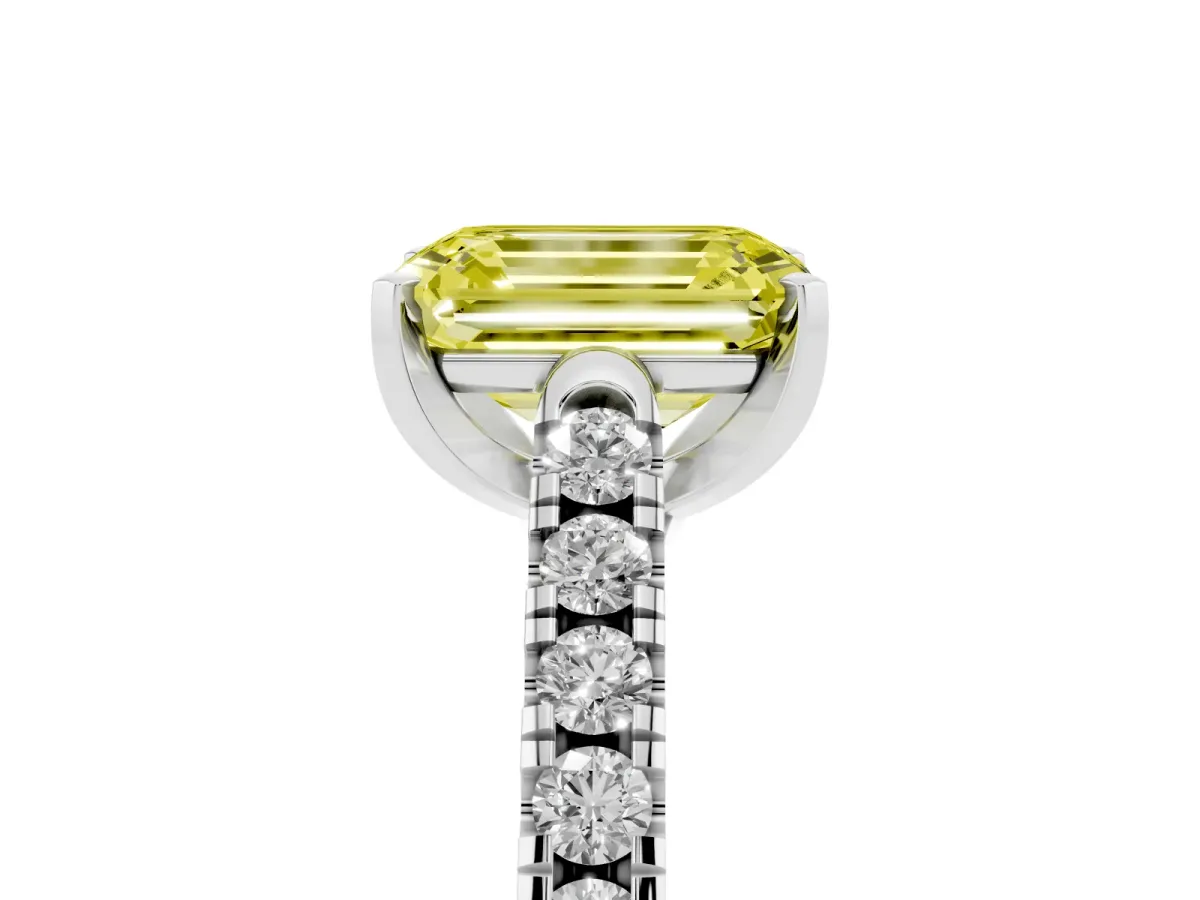 Fancy Yellow Emerald Cut Diamond Pavé Band Solitaire Ring with Prong Setting Silver