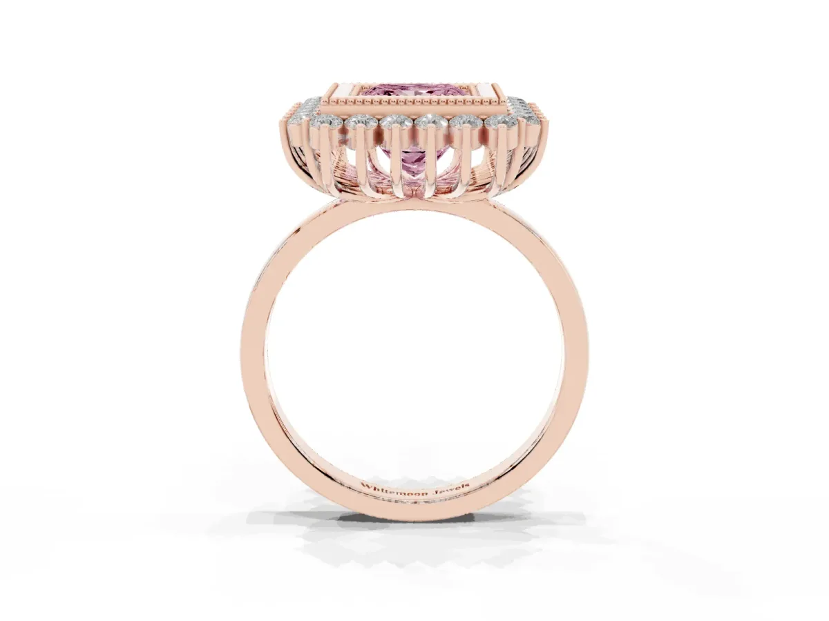 Fancy Pink Princess Cut Halo Diamond Ring with Milgrain Edge and Round Prong Setting Rose gold