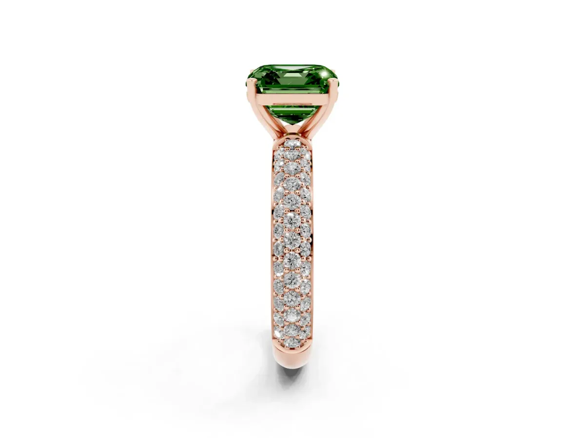 Fancy Green Asscher Cut Diamond Solitaire Ring with Prong Setting and Pavé Band Rose gold