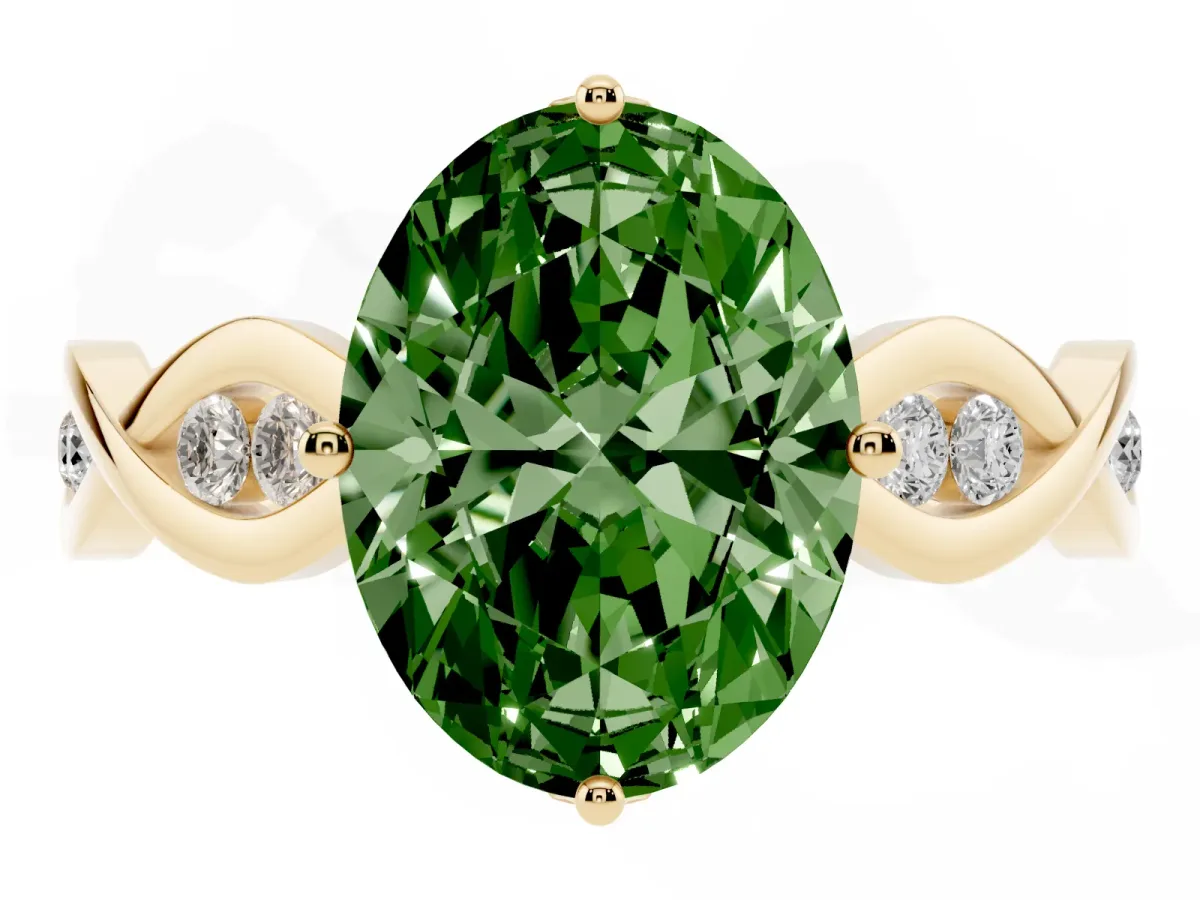 Fancy Green Oval Cut Solitaire Twist Band with Leaf Prong Setting Yellow gold