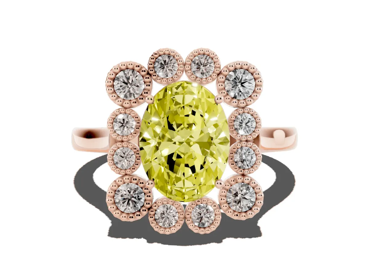 Fancy Yellow Oval Cut Halo Diamond Cluster Engagement Ring with Milgrain Bezel Setting and Solitaire Band Rose gold