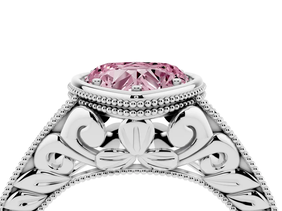 Fancy Pink Bezel Set Heart Cut Diamond Milgrain Pave Engagement Ring Silver