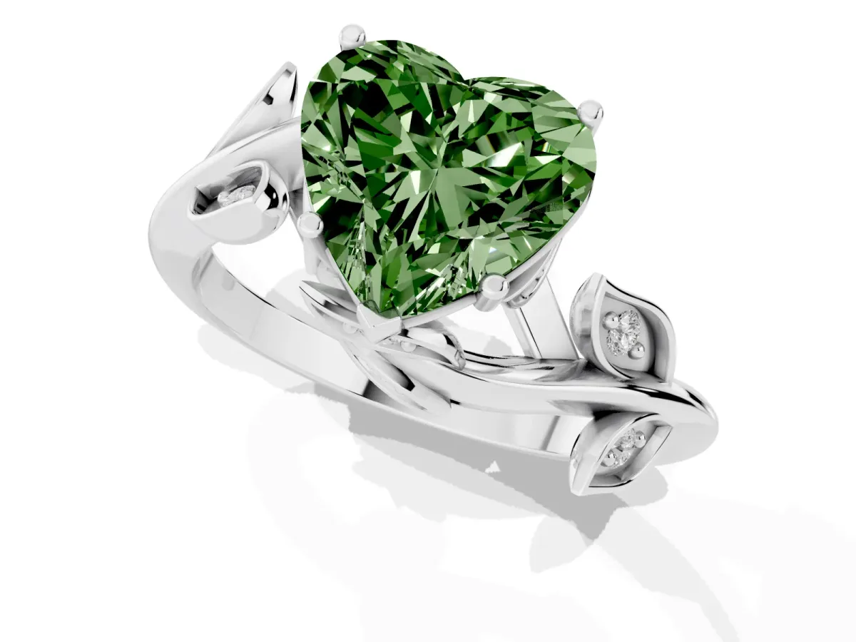 Fancy Green Heart Cut Solitaire Twist Engagement Ring with Leaf Accents and Prong Setting Silver