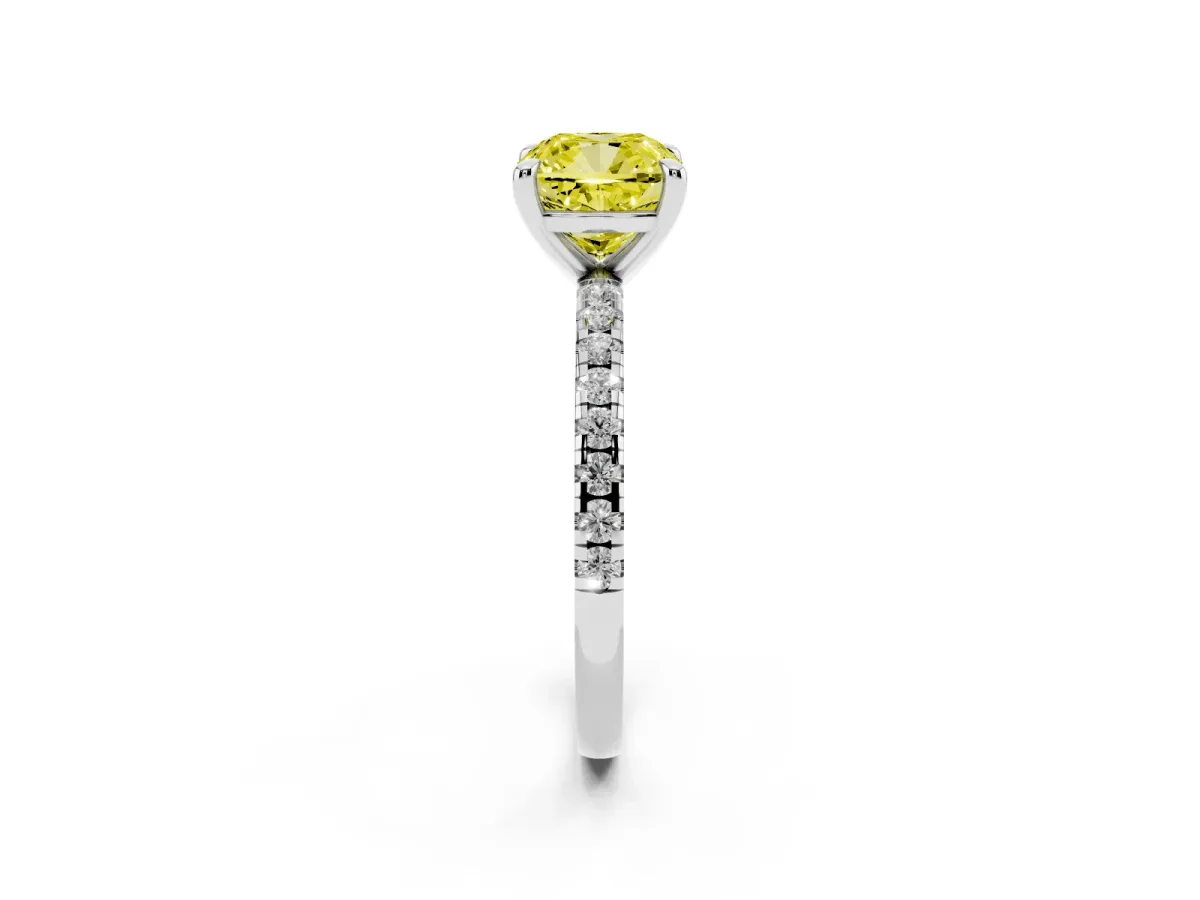 Fancy Yellow Cushion Cut Diamond Brilliant Solitaire Ring with Pavé Band and Four-Prong Setting Platinum