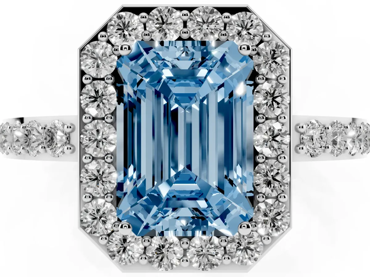 Fancy Blue Emerald Cut Halo Diamond Pavé Band Ring with Prong Setting Platinum