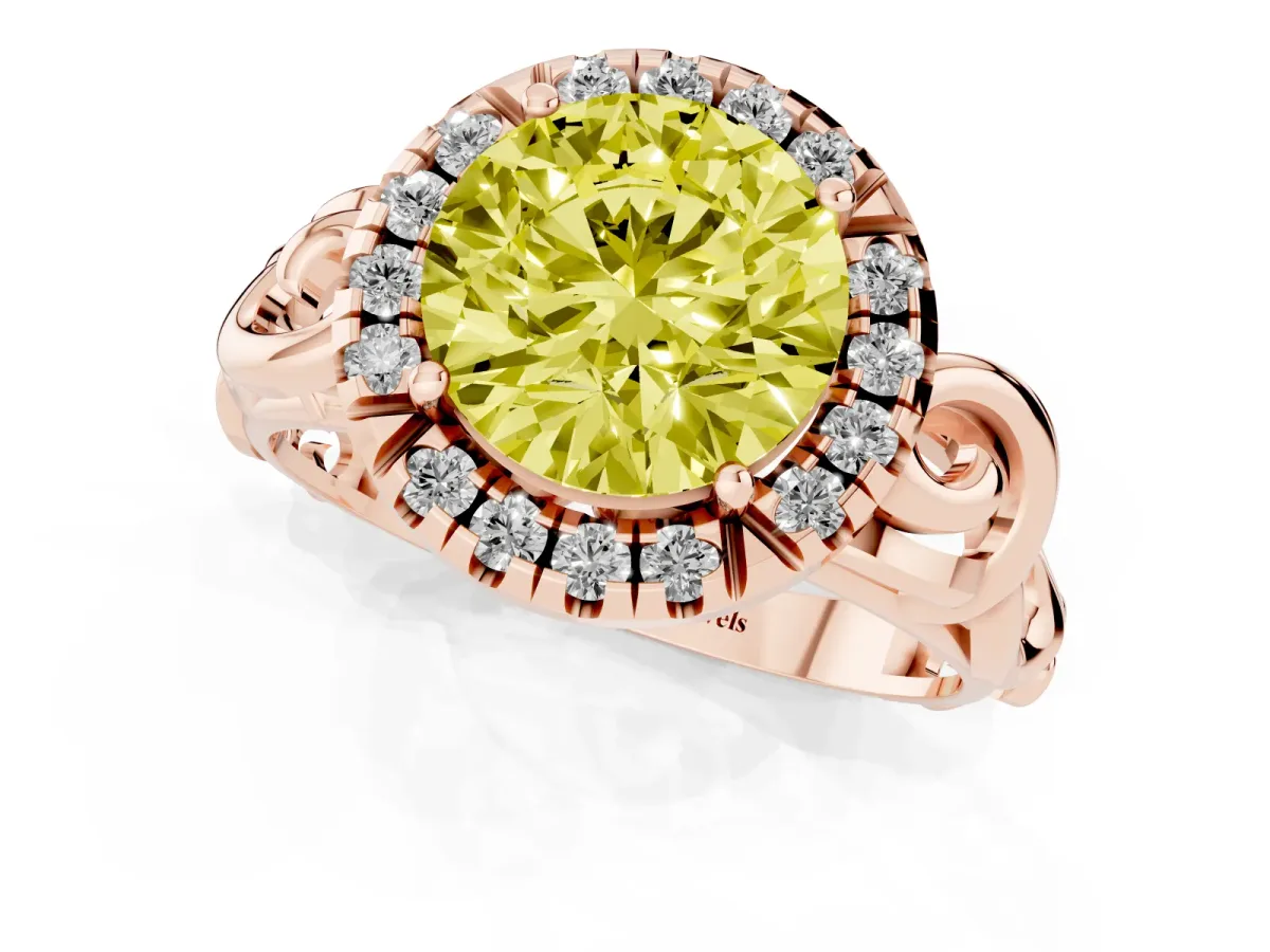 Fancy Yellow Round Cut Cut Halo Diamond Ring with Scrollwork Band and Four-Prong Setting Rose gold