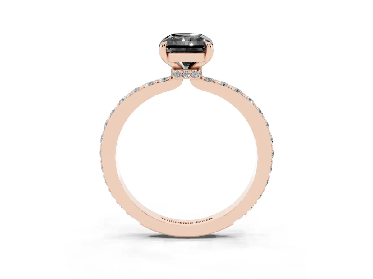 Fancy Black Radiant Cut Diamond Pavé Engagement Ring with Round Accents and Prong Setting Rose gold