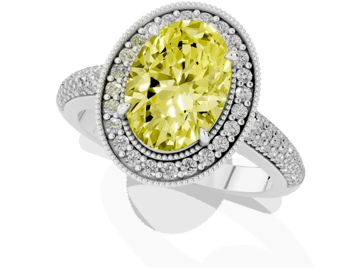 Fancy Yellow Oval Cut Cut Halo Diamond Pave Band with Four-Prong Setting Silver