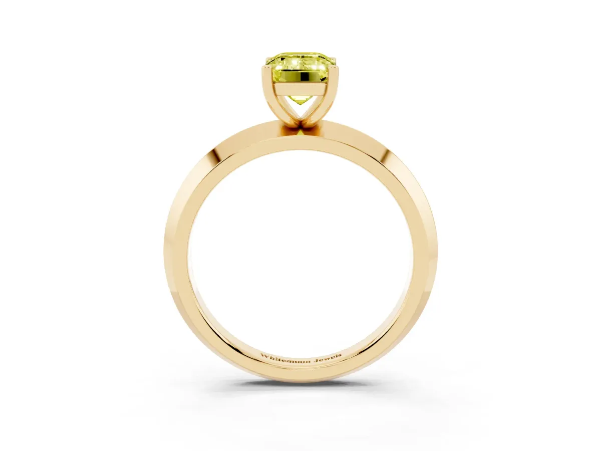 Fancy Yellow Emerald Cut Cut Solitaire Engagement Ring with Flat Band and Four-Prong Setting Yellow gold