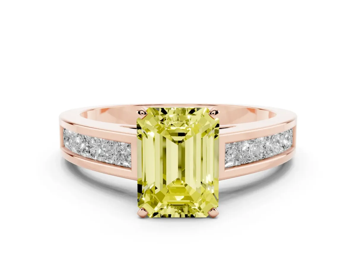 Fancy Yellow Emerald Cut Solitaire Diamond Ring with Channel-Set Band and Four-Prong Setting Rose gold