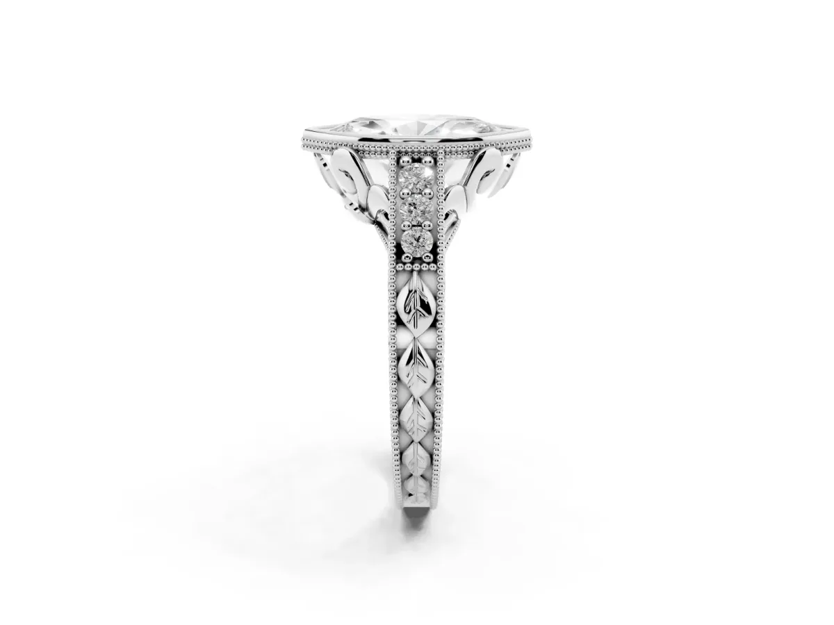 Bezel Set Marquise Cut Diamond Milgrain Pave Engagement Ring Silver