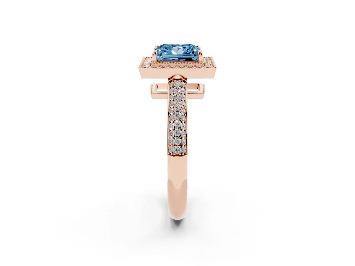 Fancy Blue Princess Cut Cut Halo Diamond Pave Band with Four-Prong Setting Rose gold