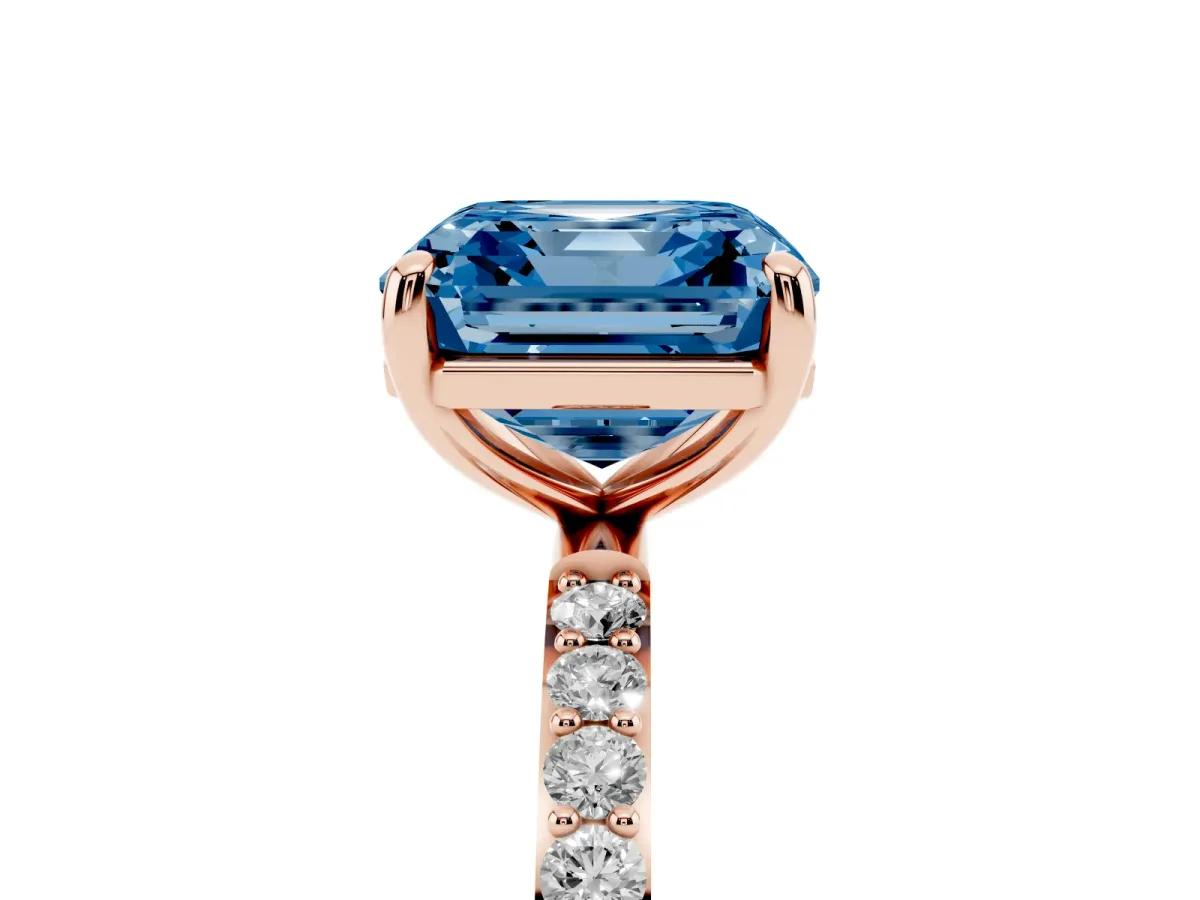 Fancy Blue Asscher Cut Diamond Solitaire Ring with Round Pavé Band and Prong Setting Rose gold